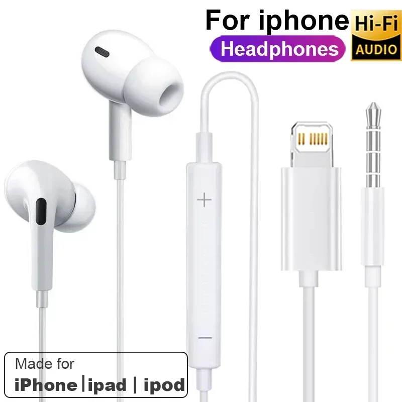 Veltora original wired earphones for Apple iPhone, in-ear Lightning headphones with remote and mic for models 6 to 14 Pro Max