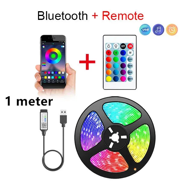 Flexible Bluetooth LED strip lights by Veltora with smart SMD 5050 diodes, remote control, ideal for TV backlights and home decor.
