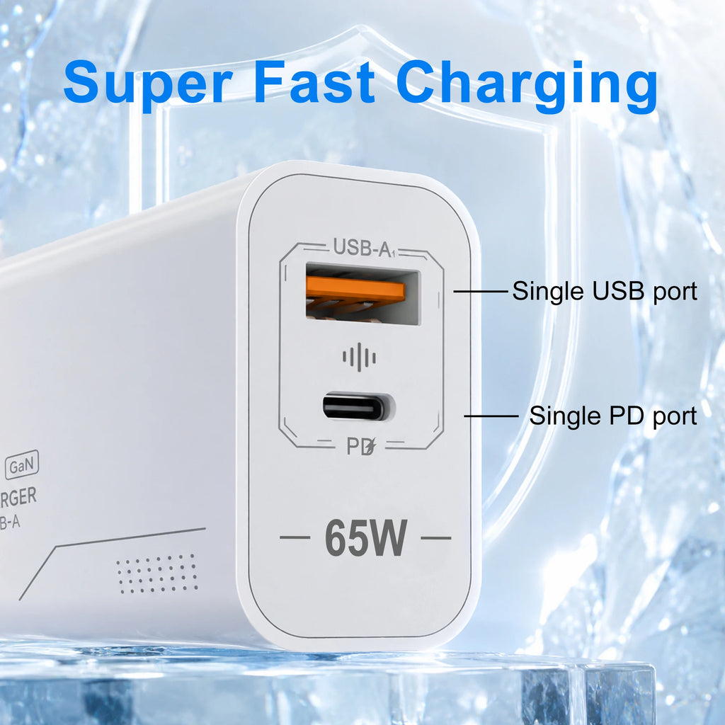 Veltora 65W GaN USB C charger with two ports, fast charging power adapter for iPhone, Samsung, Xiaomi, EU/US wall plug
