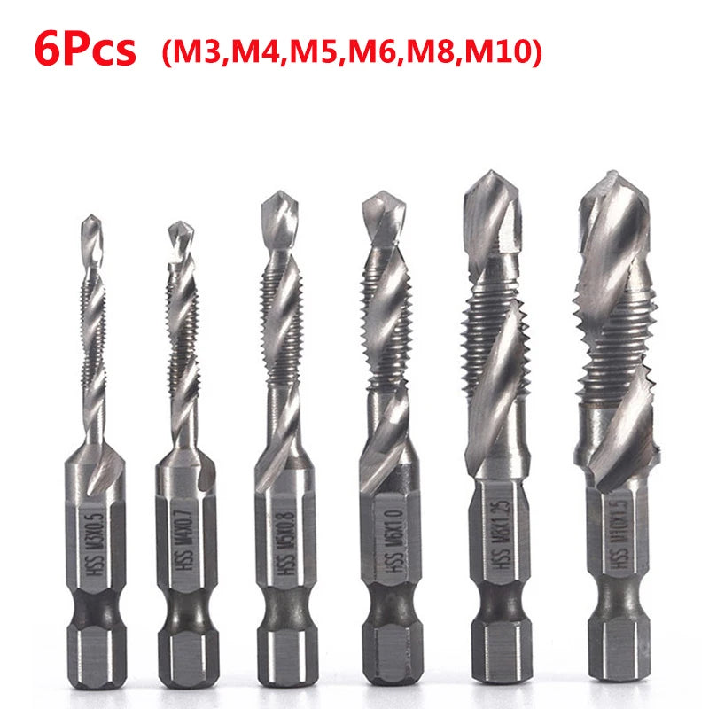 Veltora titanium-plated HSS screw thread tap drill bits set with metric sizes M3 to M10 for screw machining and hand tools.