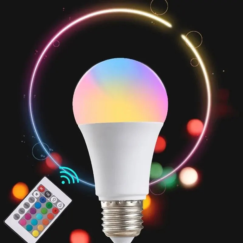 Veltora 16-color RGB LED bulb with E27 base, remote control, dimmable, for smart household lighting and ambiance.