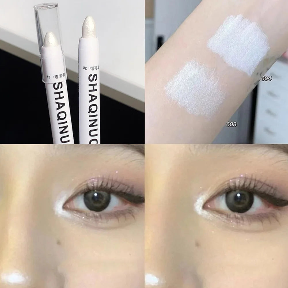 Veltora matte eyeshadow stick with white eyeliner and shimmer silver highlighter pen, featuring a sleek design and creamy texture.