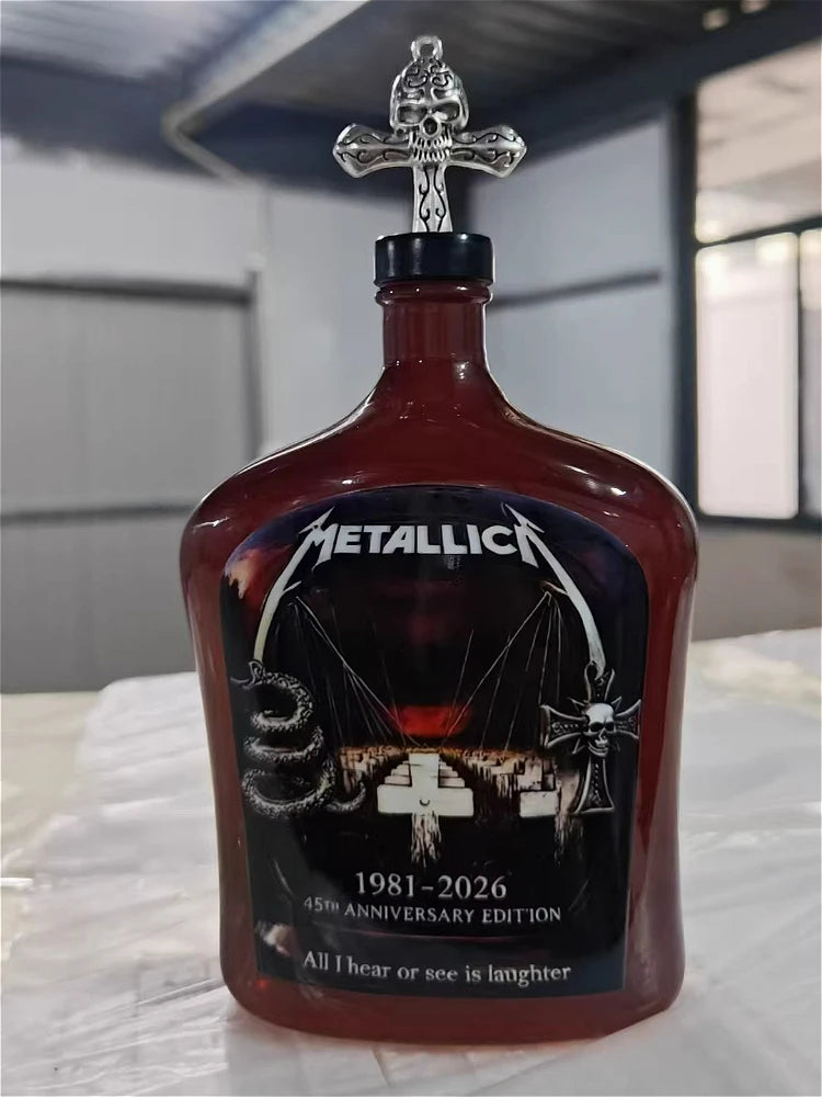 Veltora Metallica 45th Anniversary limited edition whiskey decanter with skull cross decor, collectible glass bottle for rock band fans