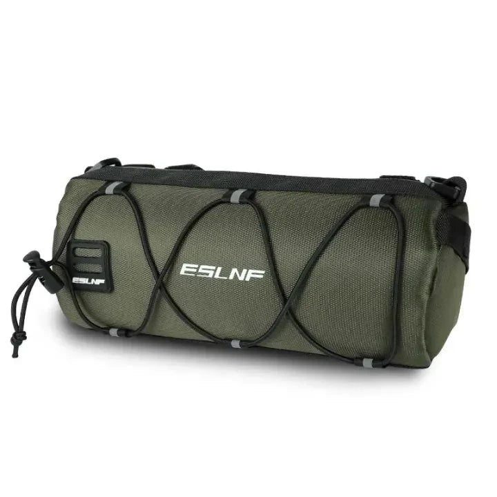 Veltora waterproof MTB handlebar bag with multiple compartments, mounted on a bicycle frame for outdoor cycling excursions.