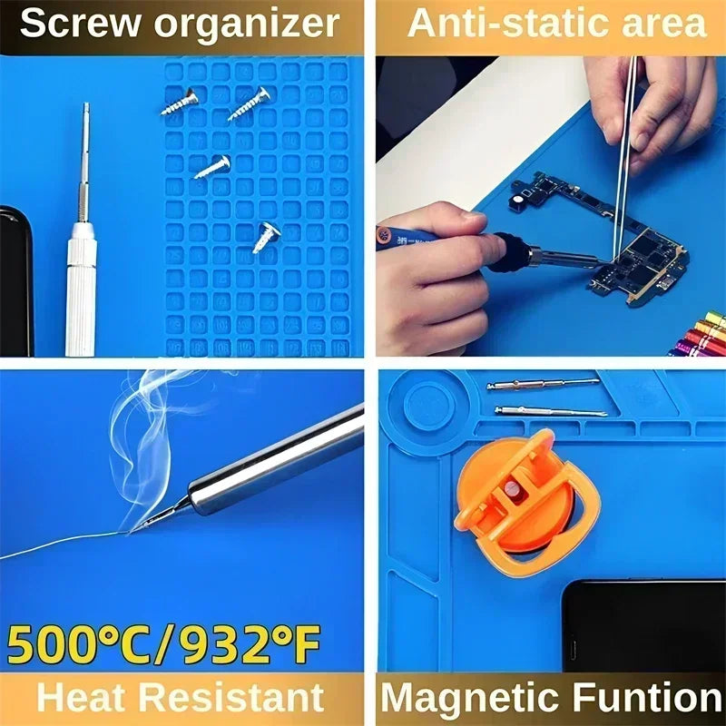 Veltora magnetic silicone repair mat with circuit board design, heat-resistant up to 932°F, anti-static for soldering and phone repair.