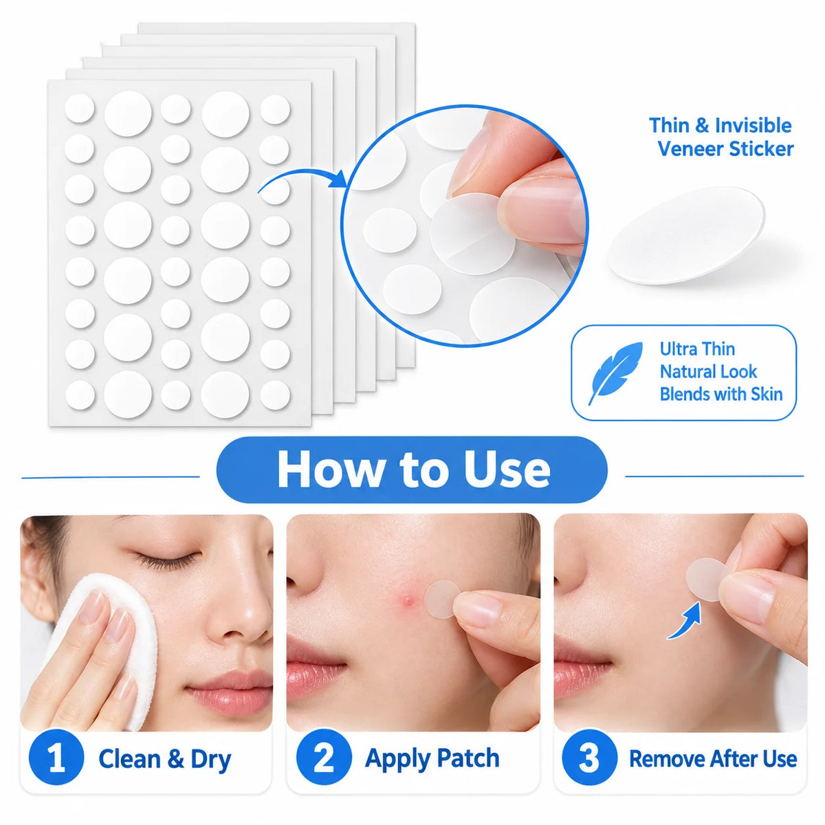 Veltora acne veneer lump stickers for pore cleansing and oil removal, shown on clear skin in a skincare product image.