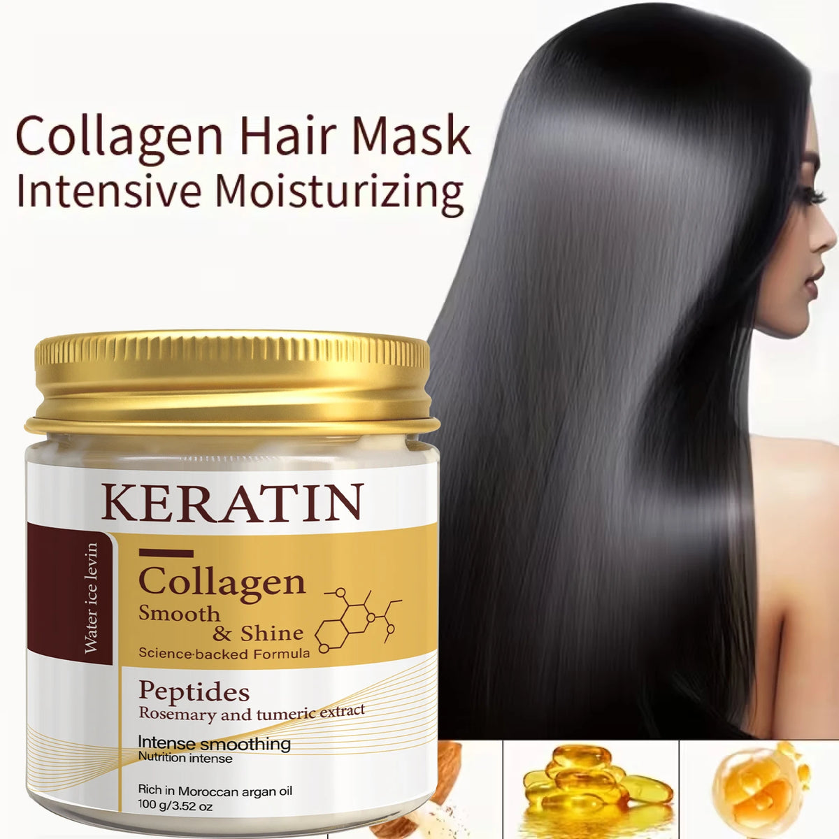 Veltora keratin collagen hair mask with peptides and rosemary, deep conditioning treatment for smoothing and shine on all hair types.