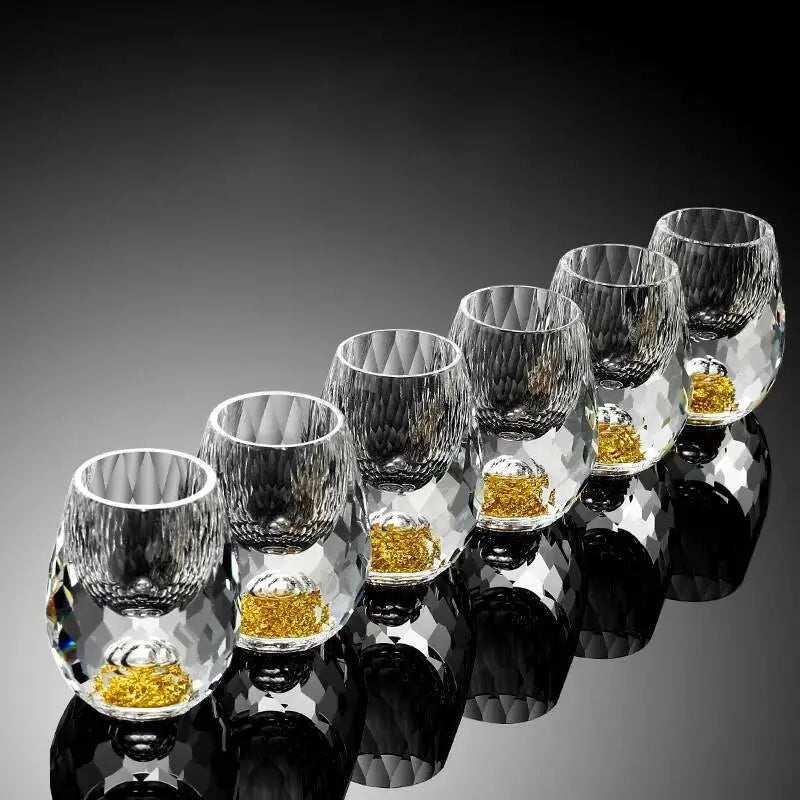 Set of Veltora luxury crystal shot glasses with gold foil accents, 15ml capacity, ideal for vodka, sake, shochu, and spirits.