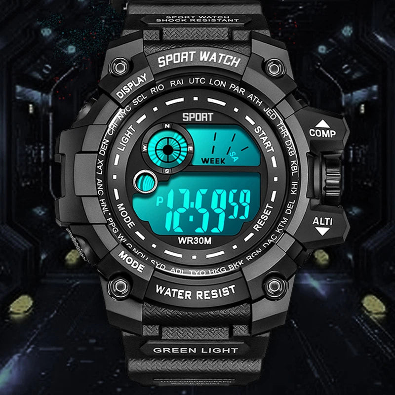 Veltora men's LED digital watch with luminous display, sport waterproof design, military style, and date function.