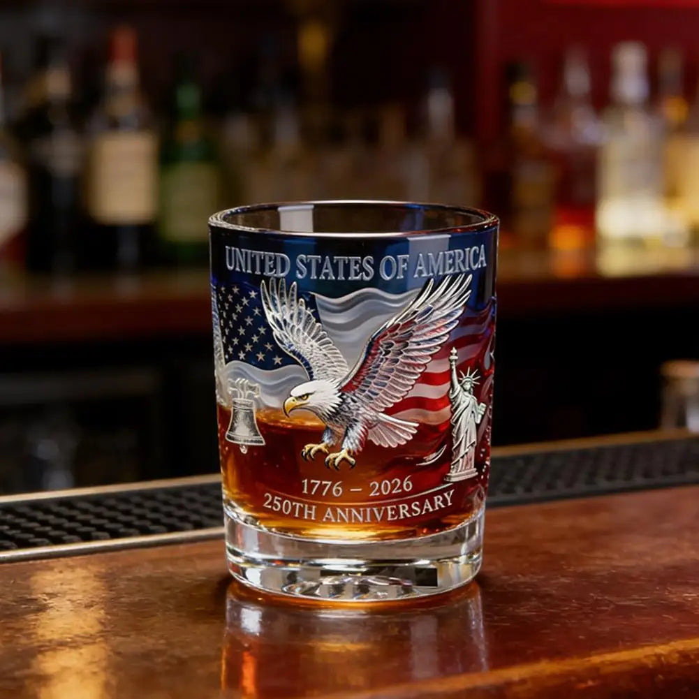 Veltora America 250th Anniversary patriotic eagle whiskey glass with hand-blown glassware and rotating cup design