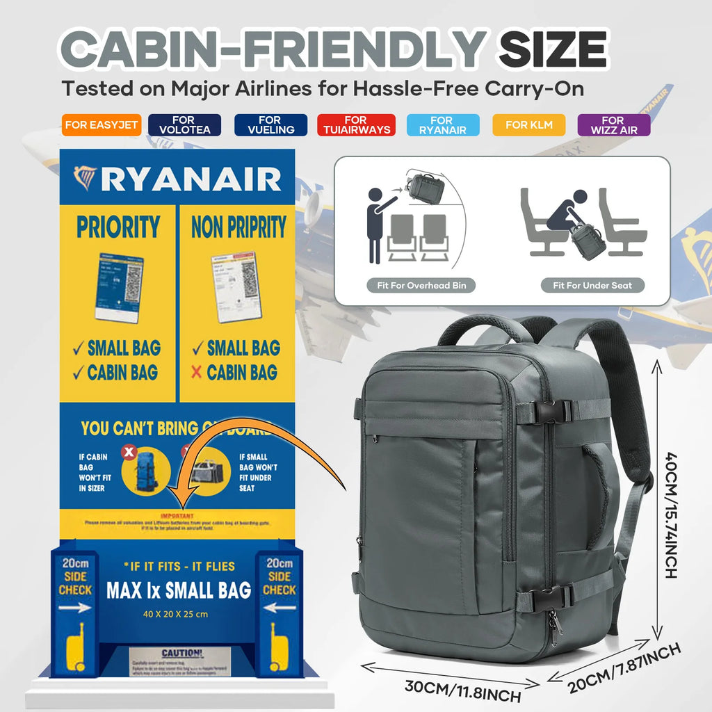 Veltora Ryanair cabin travel backpack with 40x30x20 dimensions, outdoor design, ideal for laptops and back-to-school use.