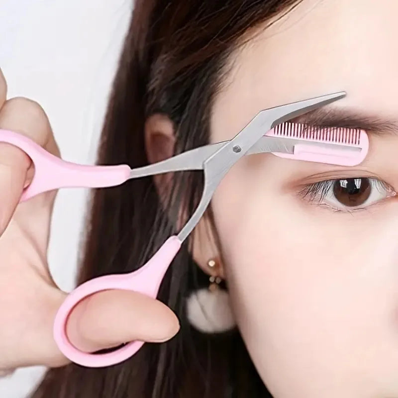 Veltora eyebrow trimmer set with curved razor, scissors, and comb for easy, precise eyebrow grooming and shaping.