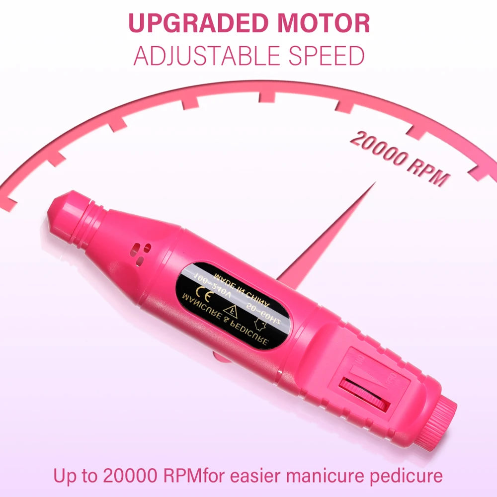 Veltora LINMANDA 6-in-1 electric nail drill kit with portable pen tool, polishing and filing attachments for manicure and nail care.