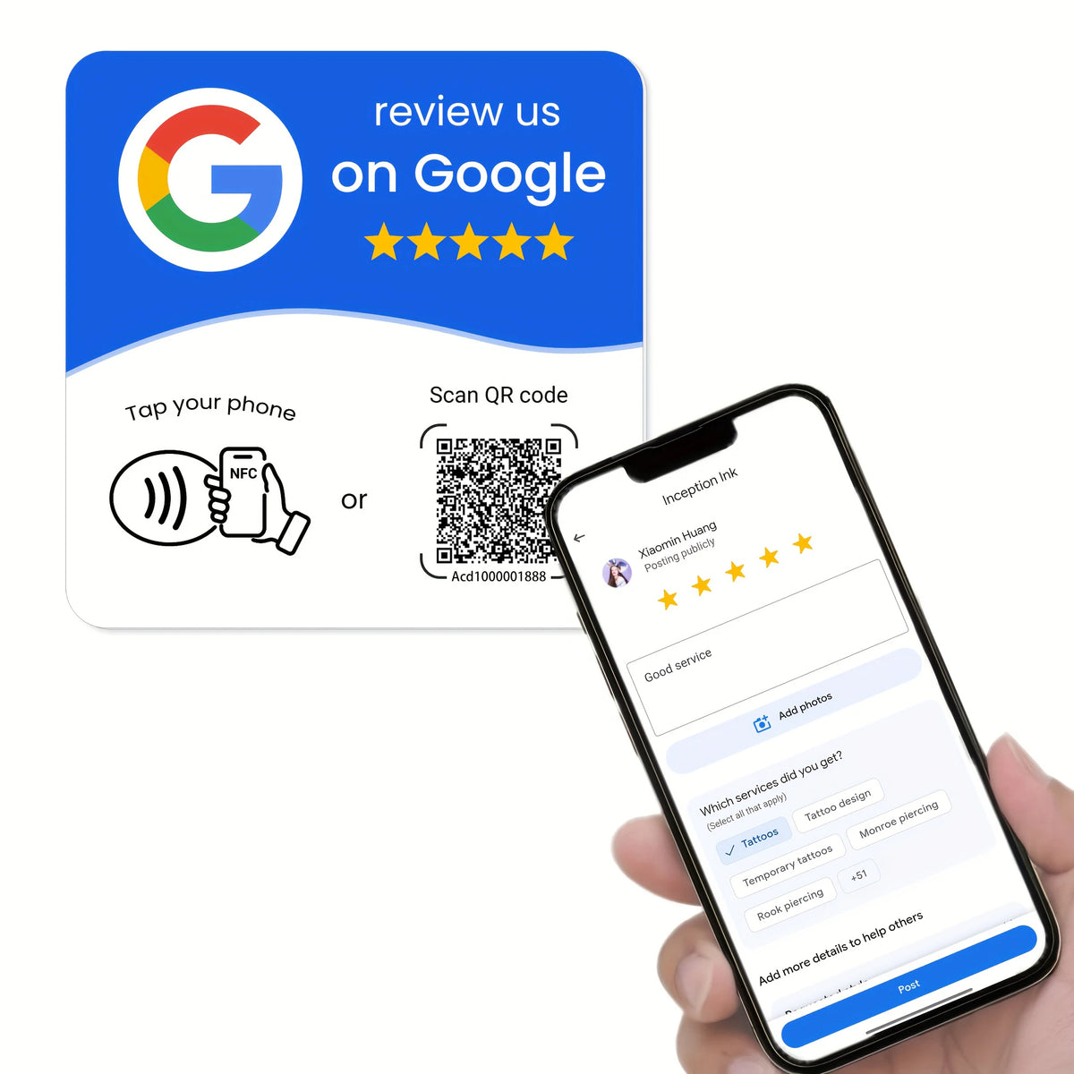 Veltora Hilo programmable NFC 215 square review card with QR code, 13.56MHz NFC station table stand, editable standing card
