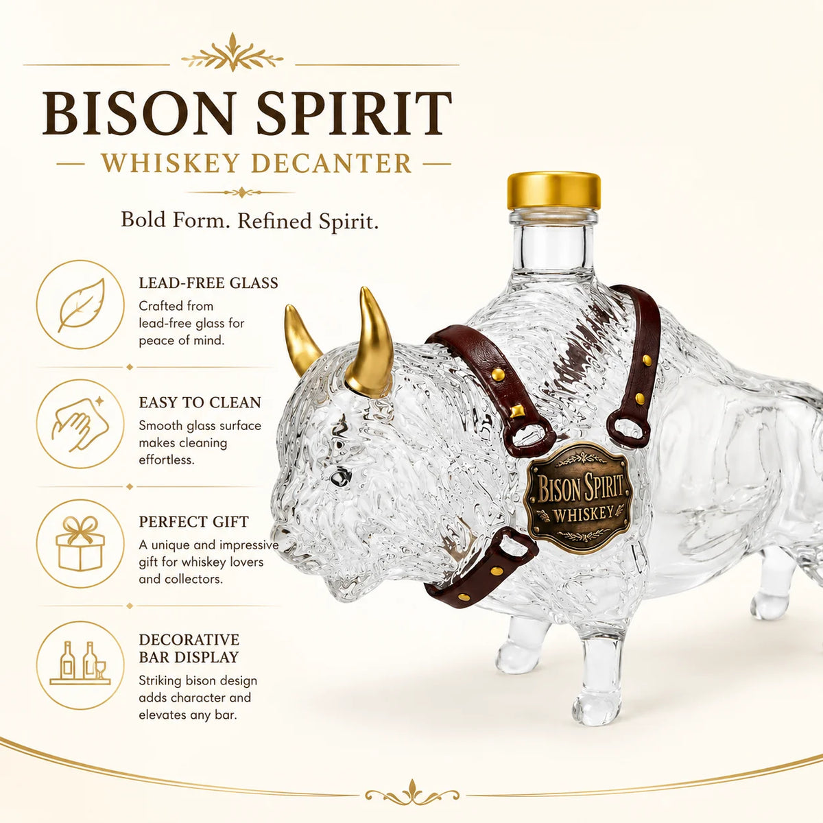 Veltora bison-shaped whiskey decanter with buffalo glass bottle, golden horn leather strap, Western farm style liquor dispenser.