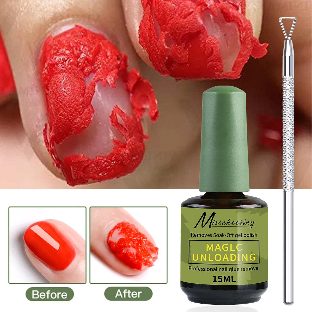 Veltora Nail Magic Remover set with remover tool for quick, gentle removal of gel and poly nail gel from natural nails.