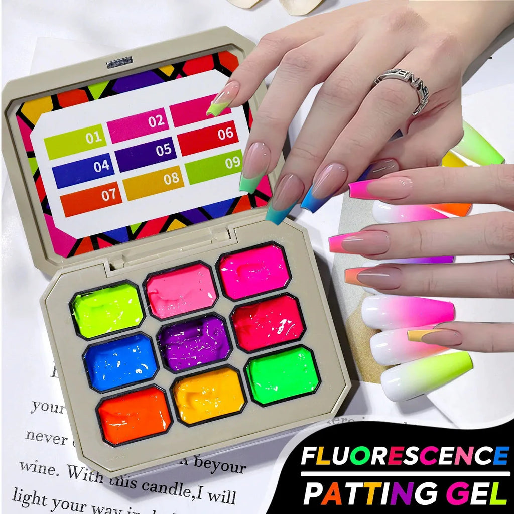 Veltora nine grid fluorescent nail gel transfer kit with rainbow bright colors for UV and LED nail art, high saturation, salon or DIY use