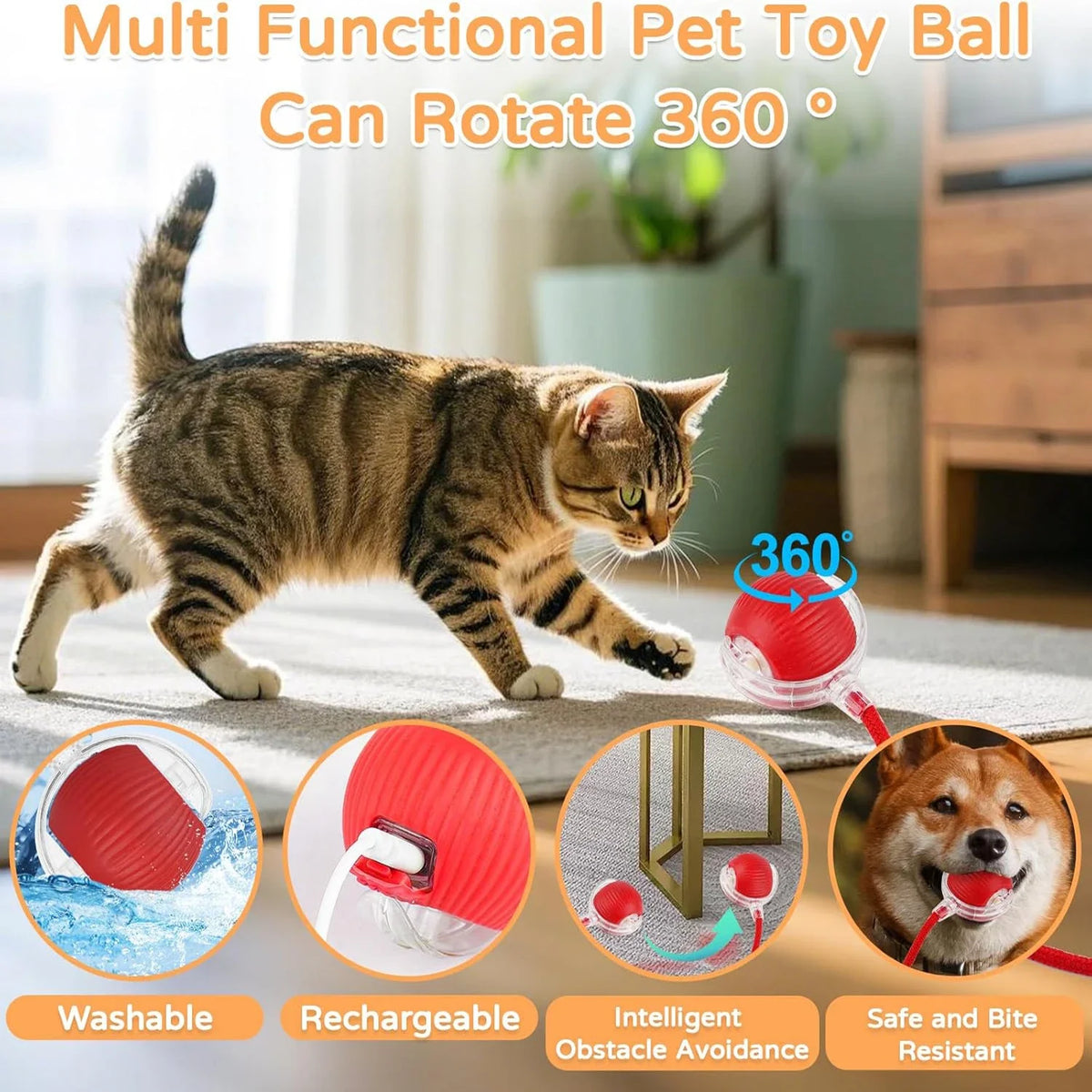 Veltora iLMH cat interactive ball toy with faux tail, automatic rolling, rechargeable smart electric pet toy imitating a mouse.