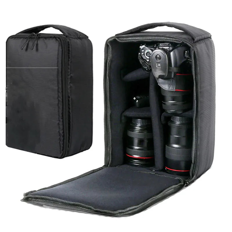Veltora waterproof DSLR camera bag with multiple compartments for Nikon and Canon cameras, lenses, and outdoor photography gear.