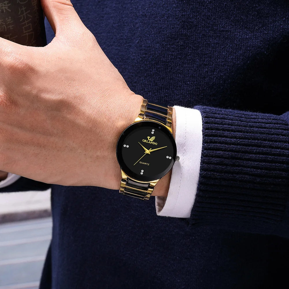 Veltora black dial steel quartz men's business watch with sleek design and silver-tone case, suitable for formal occasions.