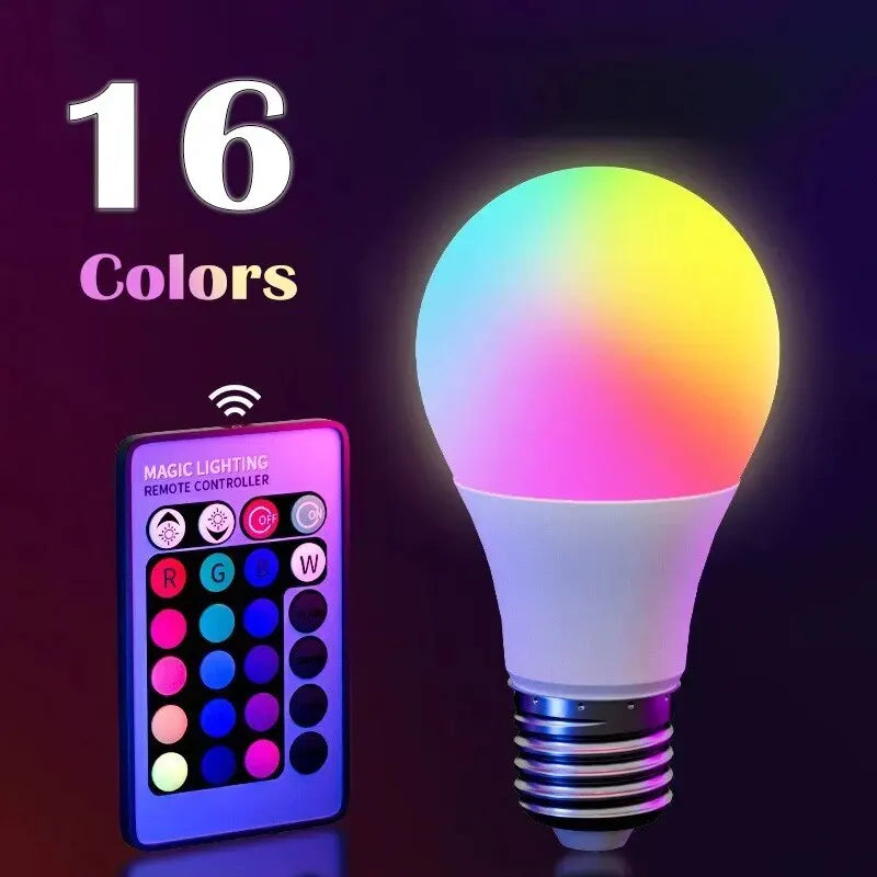 Veltora 16-color RGB LED bulb with E27 base, dimmable, remote-controlled smart lamp for colorful household lighting.