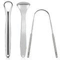 Veltora stainless steel tongue scraper for adults and kids, portable metal cleaner with brush for removing tongue coating.