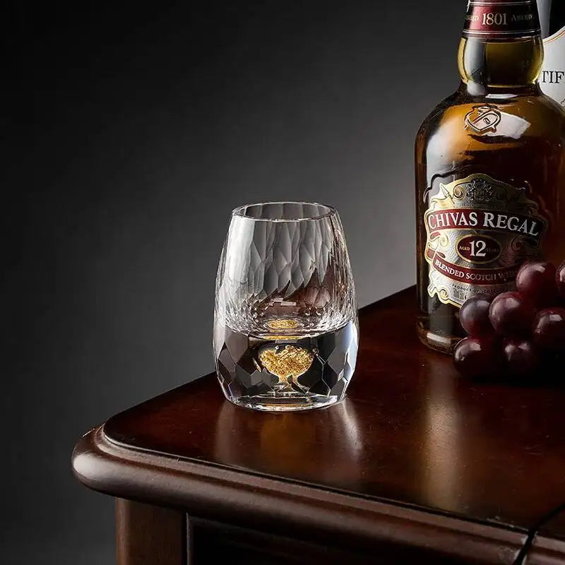 Set of Veltora luxury crystal shot glasses with gold foil accents, 15ml capacity, perfect for sake, vodka, or shochu.