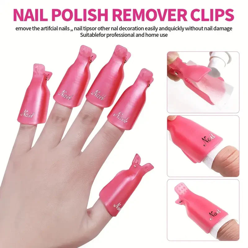 Veltora nail soak off clip cap set with cotton pads, file, pusher, and brush for UV gel polish removal in manicure kit.