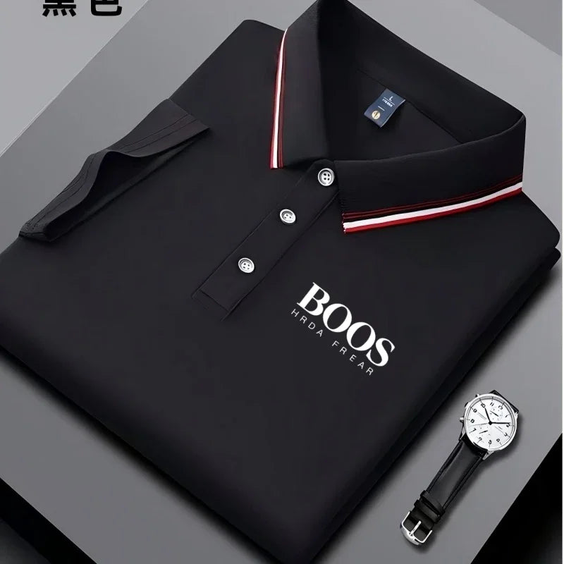 Men's Veltora business casual polo shirt with striped collar, letter print, breathable short sleeves, and comfortable fabric.