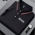 Men's Veltora business casual polo shirt with striped collar, letter print, breathable short sleeves, and comfortable fabric.