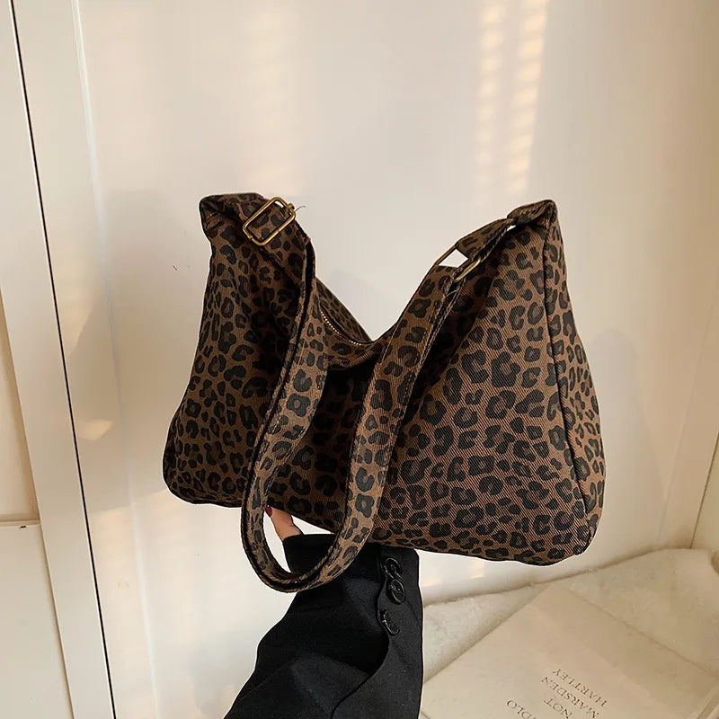 Veltora women's shoulder bag with large capacity, leopard print, soft textile material, retro crossbody style for casual outings