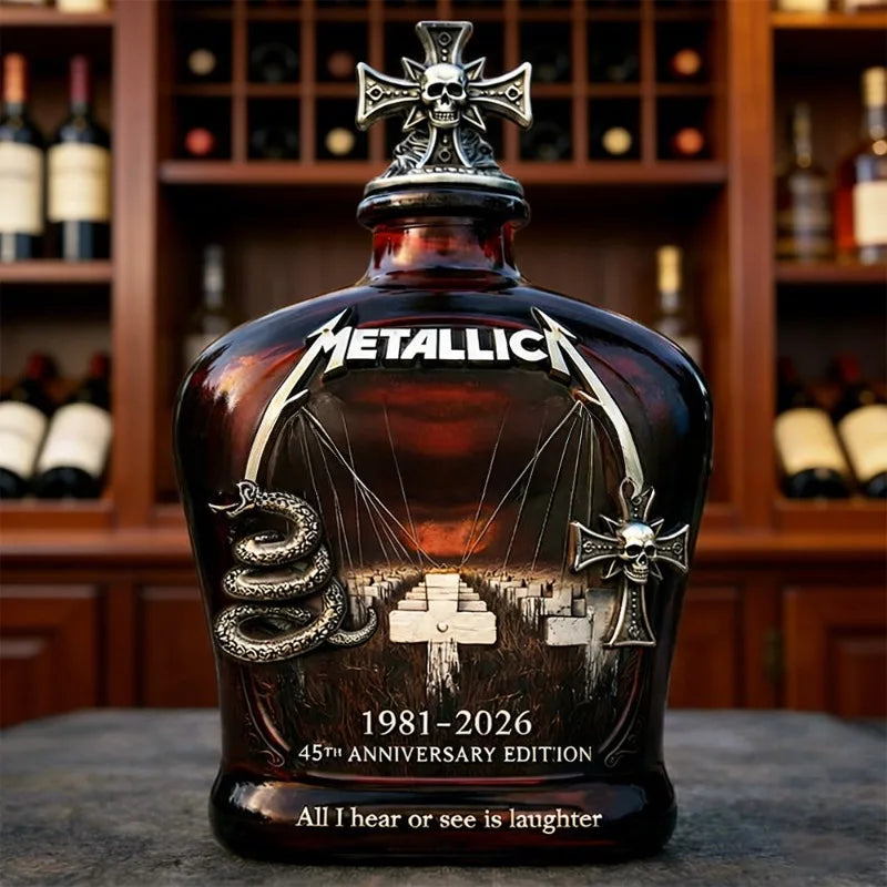 Metallica 45th Anniversary whiskey decanter by Veltora, limited edition glass bottle with skull cross decor, collectible rock band item