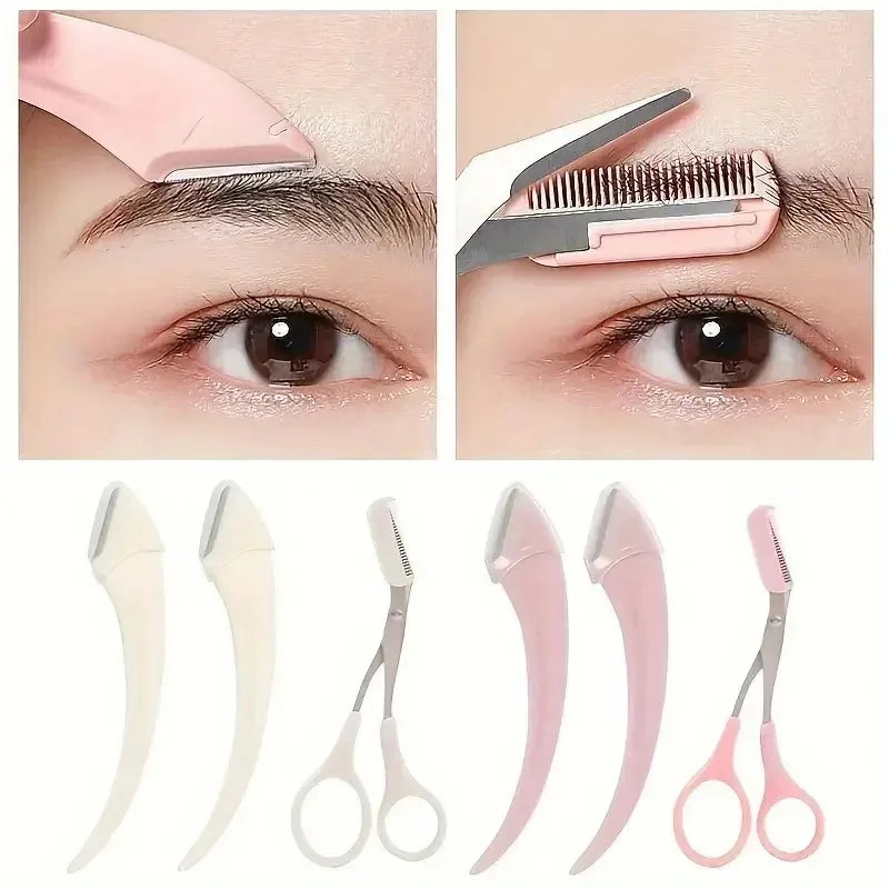 Veltora eyebrow trimmer set with curved razor, scissors, and comb for precise eyebrow shaping and grooming.