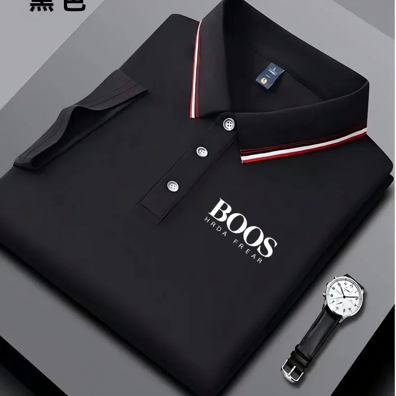 Men's Veltora business casual polo shirt with striped collar, letter print, breathable short sleeves, and comfortable fabric.