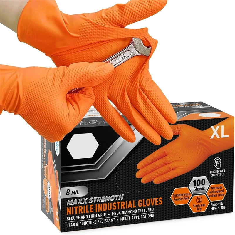 Veltora heavy-duty orange nitrile gloves with diamond textured grip, 8mil industrial disposable gloves for mechanic and work safety