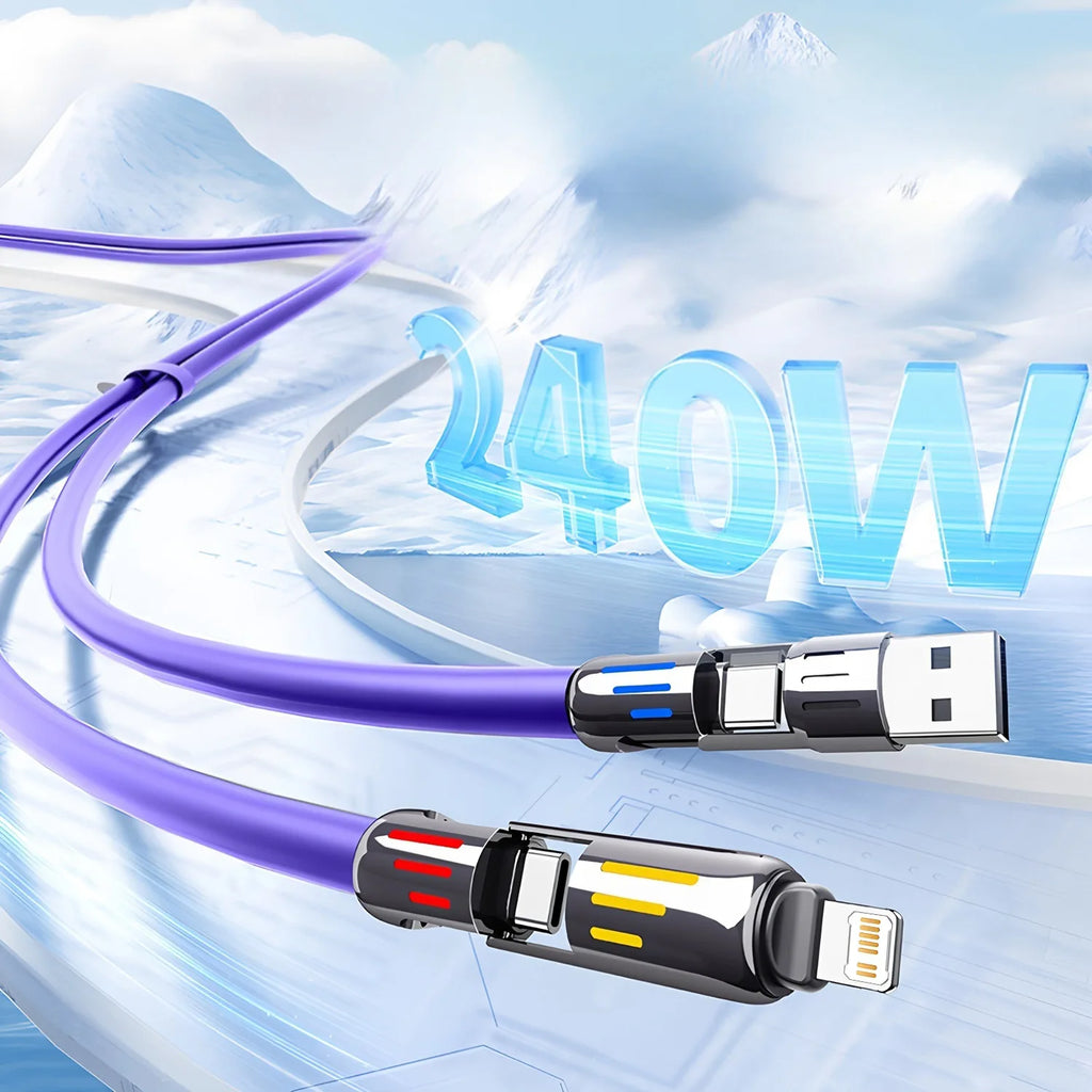 Veltora 4-in-1 240W USB Type C silicone fast charging cable for iPhone, Huawei, Samsung, Xiaomi, with durable Type-C to USB A design.