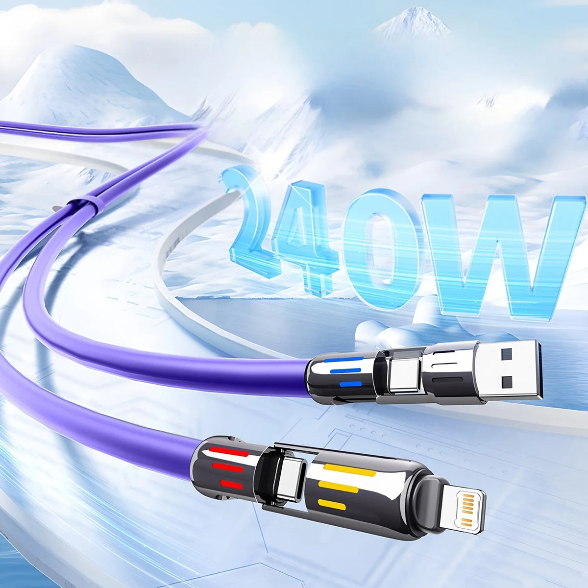 Veltora 4-in-1 240W USB Type C silicone fast charging cable for iPhone, Huawei, Samsung, Xiaomi, with durable Type-C to USB A design.