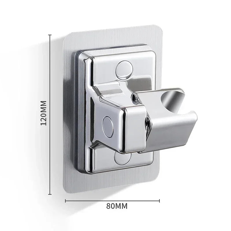 Veltora adjustable wall-mounted shower head support with adhesive pad for portable shower accessories, shown attached to a bathroom wall.