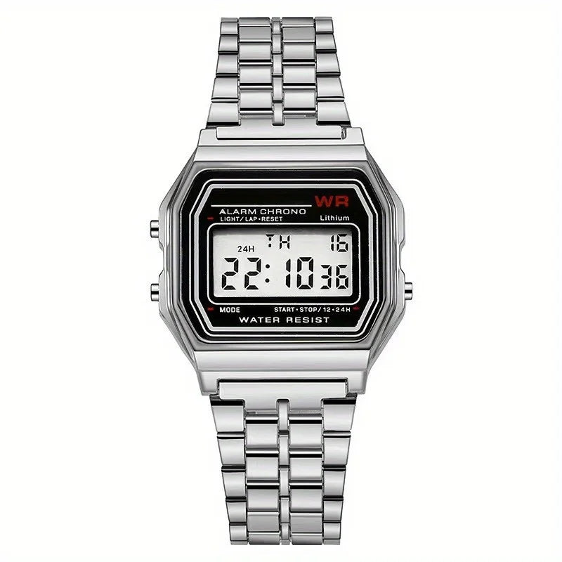 Veltora F91W digital LED sports watch with steel band, electronic clock, multi-functional features for men and women.