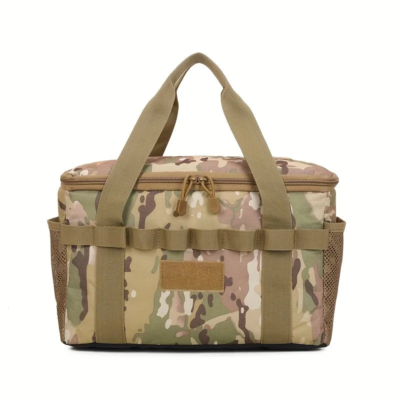 Veltora outdoor camping tactical bag in black with multiple compartments, 14L capacity, designed for tool and picnic gear organization.