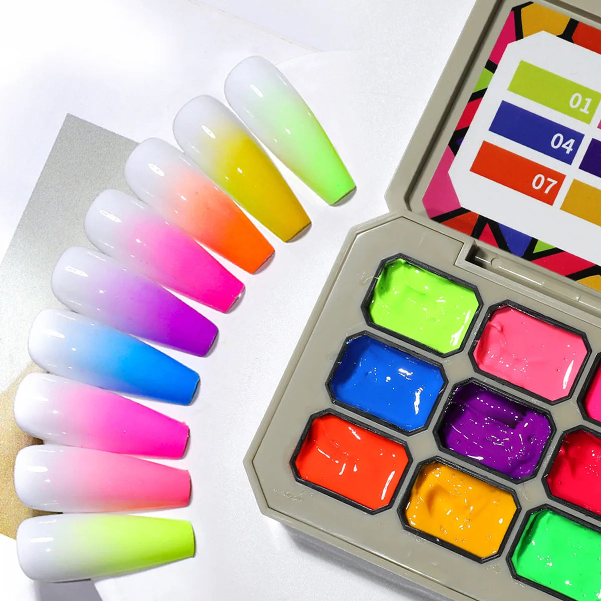 Veltora nine grid fluorescent gel transfer set with rainbow bright colors for UV and LED nail art, high saturation, salon or DIY use