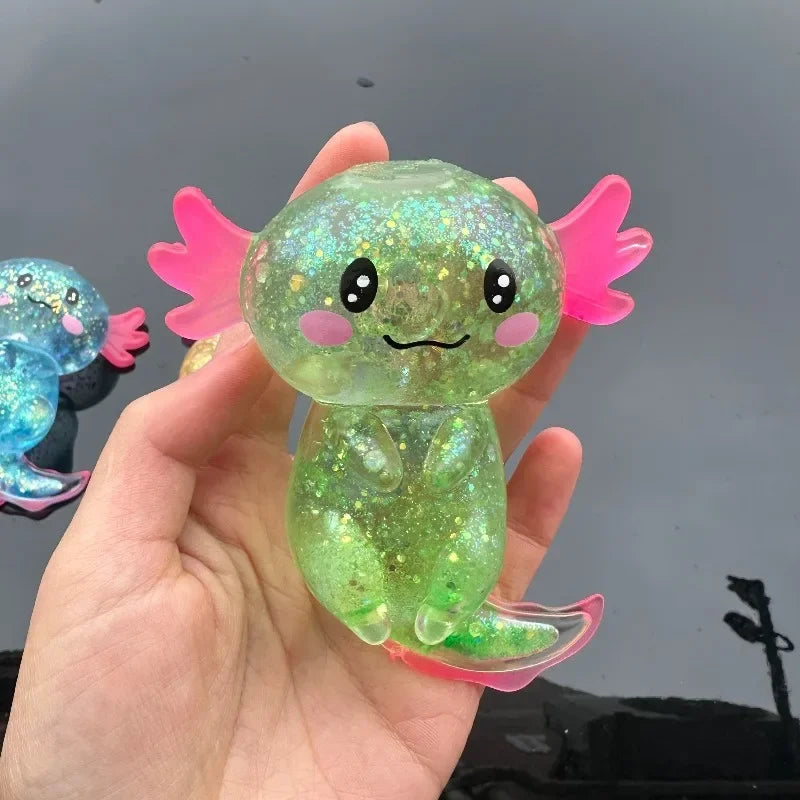 Colorful salamander Maltose fidget toy by Veltora, squishy and stretchy axolotl-shaped malt sugar stress relief toy for kids.