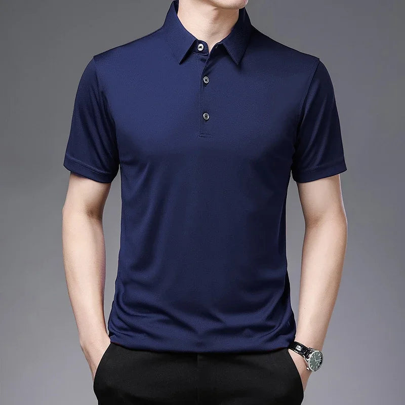 Veltora men's solid color business casual polo shirt, short sleeve, breathable summer top, comfortable and stylish for everyday wear.