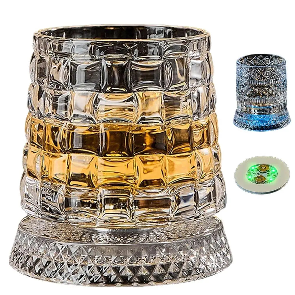 Veltora 260ML rotating whiskey glass with crystal design, straight drink mold, and sturdy base for premium liquor serving.