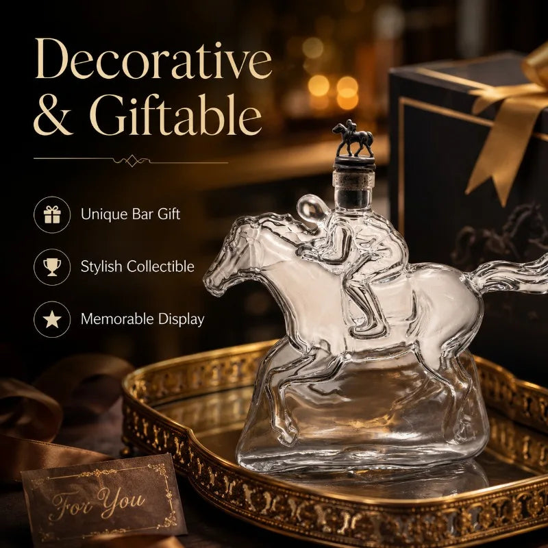 Veltora racing horse jockey crystal glass decanter for whiskey storage, bar decor, featuring a detailed horse and jockey design.