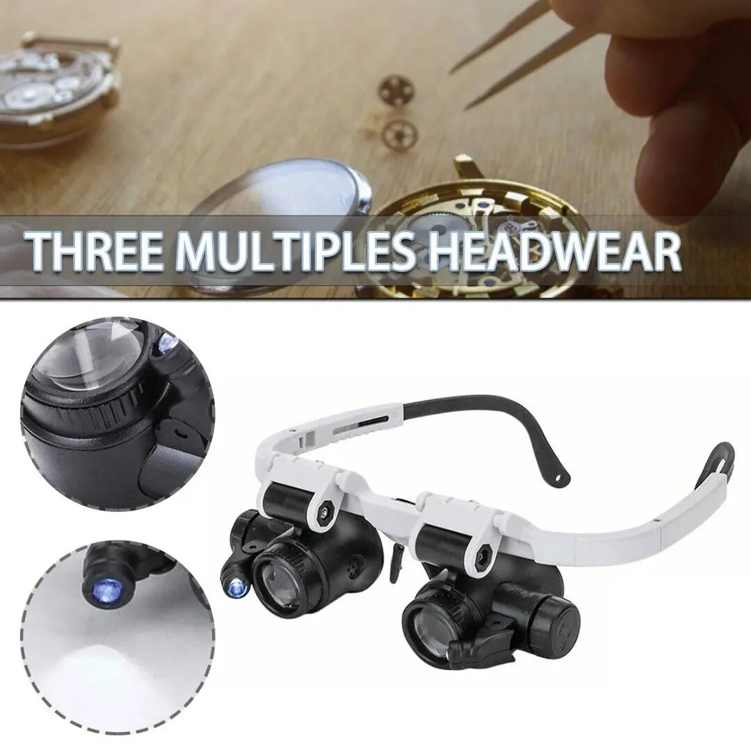 Veltora 2X LED jeweler repair magnifier headband with adjustable eye glasses and loupe lens, 8X, 15X, and 23X magnification