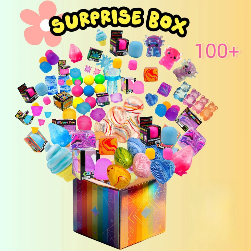 Veltora surprise box with assorted squishy figures and fidget toys, stress relief novelty toys in a colorful blind box.