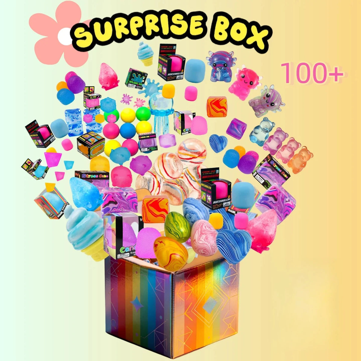 Veltora surprise box with assorted squishy figures and fidget toys, stress relief novelty toys in a colorful blind box.