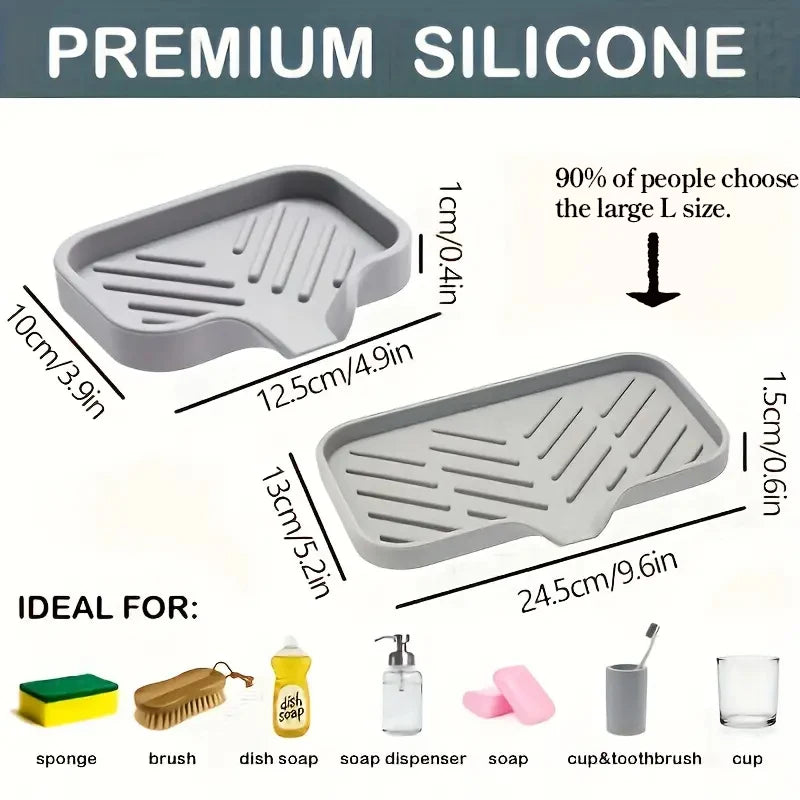 Veltora silicone faucet mat and sink tray with soap dispenser, sponge drain pad, and splash drying mat for kitchen countertop.