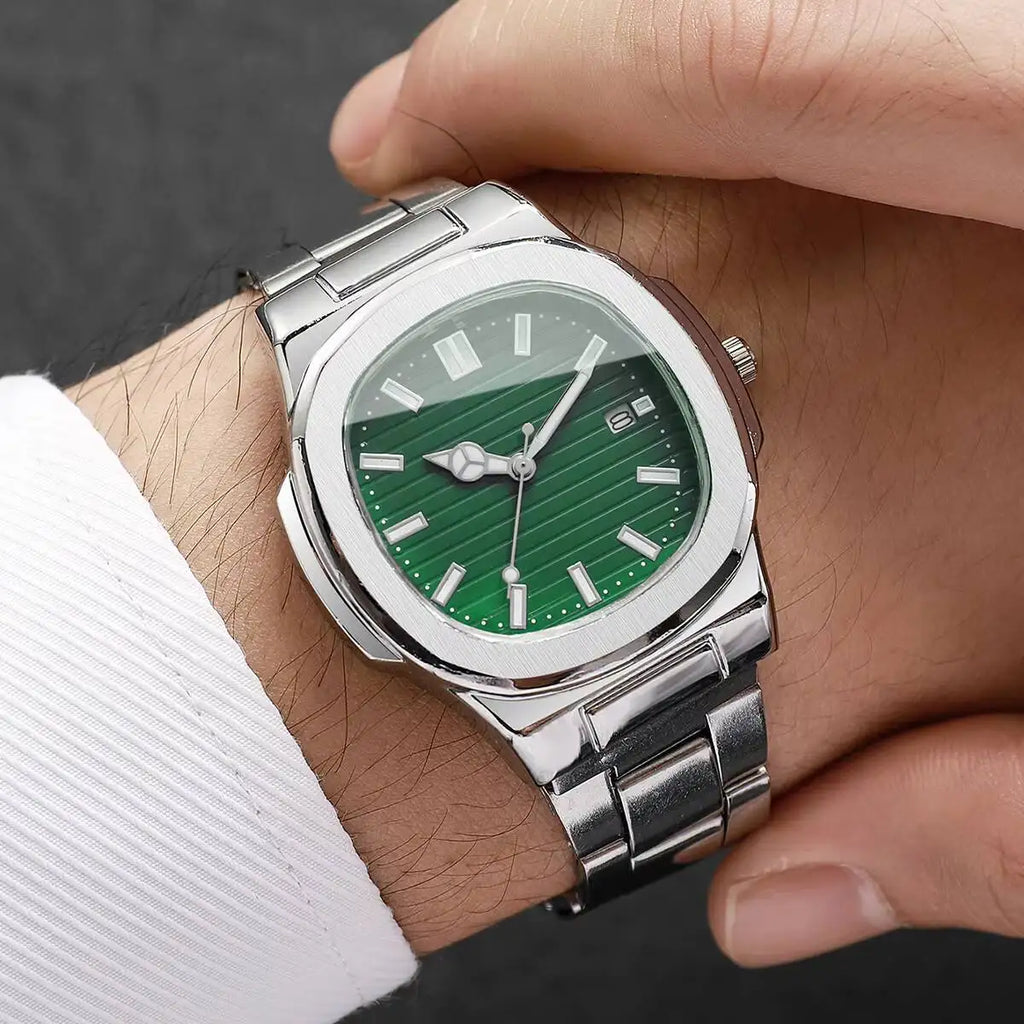 Veltora luxury men's business watch with square dial, stainless steel strap, quartz movement, and calendar feature.